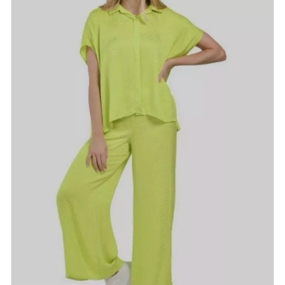 Young Fabulous & Broke Lime Green Leopard Satin Shirt Wide Leg Pant Set M New